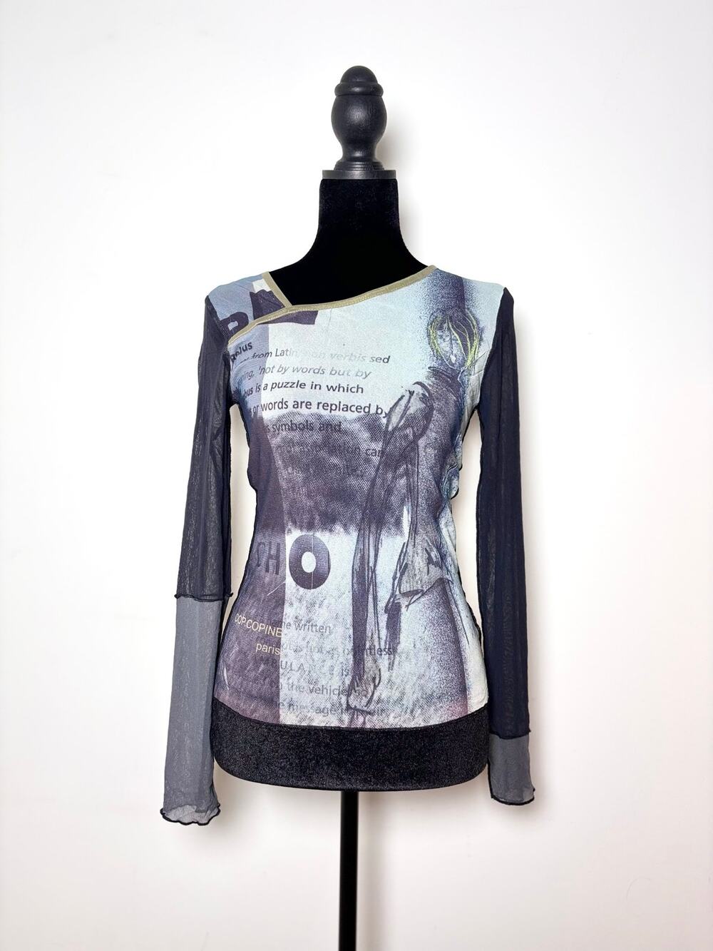 Vtg Y2K Cop Copine Mesh Grey Asymmetric Neckline Rebus Graphic Long Sleeve Top